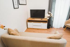 a living room with a couch and a tv at Tímár 18 Apartman in Pécs +14 photos