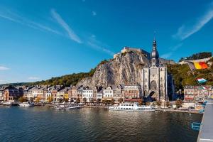 a city with a castle on a hill next to the water at A l'Est d'Eden in Hastière-Lavaux