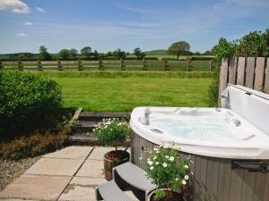 a bath tub in a yard with a field at Bwthyn Celyn-Oa6 in Ystrad Meurig +3 photos