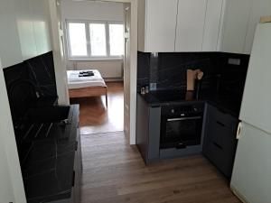 a kitchen with black appliances and a hallway with a table at Apartmán Bezručka in Třinec