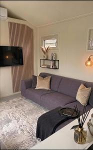 a living room with a purple couch and a tv at The Wellness View! in Hoogersmilde