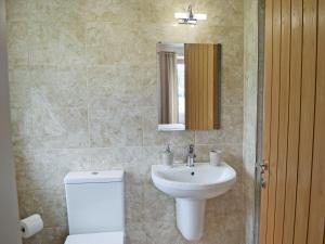 a bathroom with a toilet and a sink and a mirror at Waterloo Farm House in Bankfoot +9 photos
