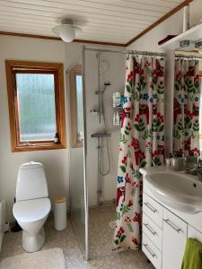 a bathroom with a toilet and a shower curtain at Swedish cottage near ocean in Norrtälje +31 photos