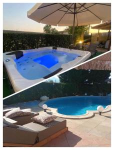 two pictures of a swimming pool with an umbrella at Luxury Villas Chrysa Private Pool & Spa in Nafplio