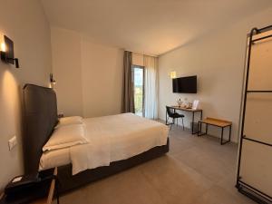 ein Schlafzimmer mit Bett, Schreibtisch und Fernseher in der Unterkunft Baglio Custera in Marsala