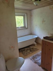 a bathroom with a tub and a window and a toilet at Mörrum, Haus 2 & 3 in Mörrum