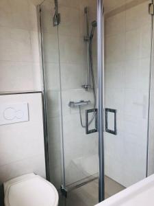 a shower with a glass door next to a toilet at Haus-am-Deich in Wittdün