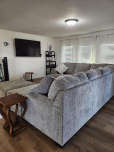 a living room with a couch and a tv at Palms Getaway in Freeport