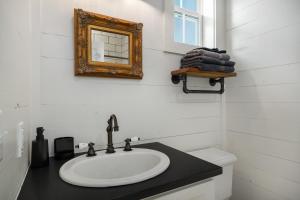 a bathroom with a sink and a mirror on the wall at Cedar Break at Howard Ranch in Driftwood +103 photos