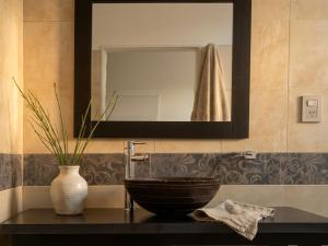 a bathroom with a sink and a mirror at Refugio - Suite privada con jardín y parrilla en Chilecito in Chilecito