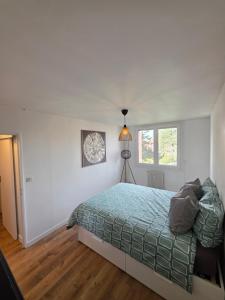 a bedroom with a bed and a lamp in it at Chez Marie et Ludovic in Ronchin