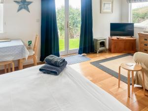 a living room with a bed and a television at The Sail Room in Saint Mawes