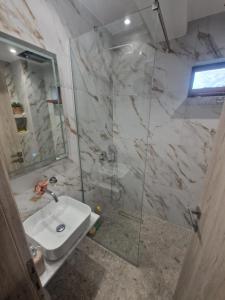 a bathroom with a sink and a glass shower at Liliana's house in Kallithea Halkidikis