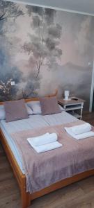 a bedroom with a large bed with two towels on it at Blueberry in Buczkowice