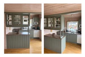two pictures of a kitchen with white counters and cabinets at Nordic Elegance Retreat in Sørvågen