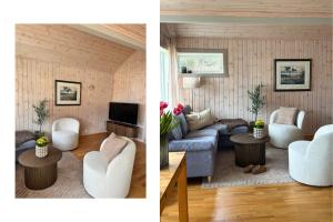 two pictures of a living room with a couch and a tv at Nordic Elegance Retreat in Sørvågen