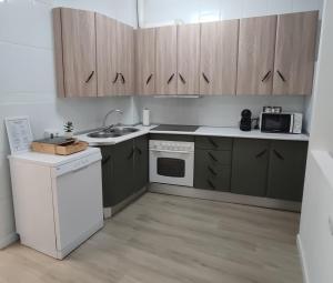 a kitchen with wooden cabinets and a white dishwasher at Luz de Calma in Tabernas +10 photos