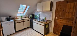 a small kitchen with a sink and a stove at Ferienwohnung Mone - Wohlfühlen am Thüringer Meer in Ziegenrück