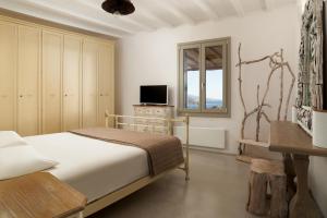 a bedroom with a bed and a tv and a window at West Side Garden House in Gavrio