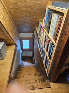 a staircase with bookshelves in a tiny house at Morgensonne in Lahr