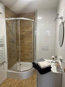 a bathroom with a shower and a sink at Apartament w centrum in Krotoszyn
