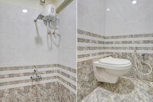 two pictures of a bathroom with a toilet and a shower at hotel orange palace in Surat