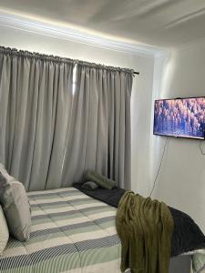 a bedroom with a bed with a curtain and a flat screen tv at Shine house in Somerset West