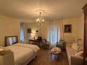 a bedroom with a bed and a chandelier at Le Molineuf in Orchaise