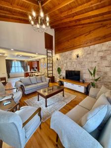 a living room filled with furniture and a stone wall at Attalos Villa in Antalya