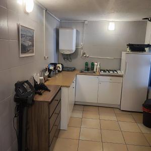 a small kitchen with a white refrigerator and a counter at Historical House in Alsancak in Konak