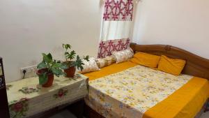 a bedroom with a bed with two potted plants on it at VISHNOO STAYS Sunny Morning Room in Nawāgaon