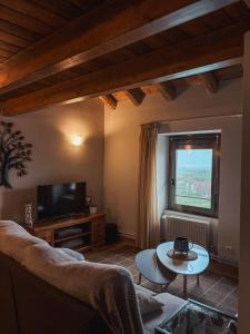 a living room with a couch and a tv and a table at Le Mirasol Appart-hôtel in Enveitg