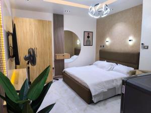 a bedroom with a bed and a tv in it at Cosmo Haven Suites - Self Contained Apartment in Ibadan