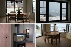 a dining room with a table and a television and a room with a view at Seaview Country House in Pettvik +17 photos