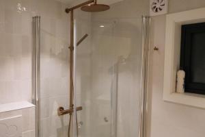 a shower with a glass door in a bathroom at Seaview Country House in Pettvik
