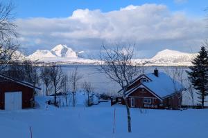 a house in the snow with mountains in the background at Seaview Country House in Pettvik
