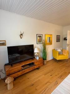 a living room with a large flat screen tv at Ferienwohnung Woodlook in Bad Sachsa