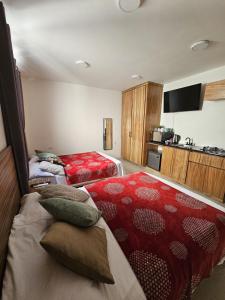 ein Schlafzimmer mit zwei Betten und eine Küche in der Unterkunft Hotel Azalea Rooftop in Aguascalientes