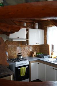 a kitchen with a stove and white cabinets at Domek u Johnnego 28 in Piwniczna Zdrój