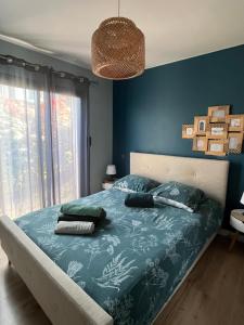a blue bedroom with a bed with pillows on it at Maison cosy au calme in La Colle-sur-Loup