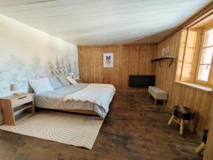 a bedroom with a bed and a television in it at Le refuge de Marius - logement de colpoteur in Albiez-Montrond