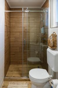 a bathroom with a shower and a toilet at BOTANIKA apartmanok Zsálya és Rozmaring in Baja +18 photos