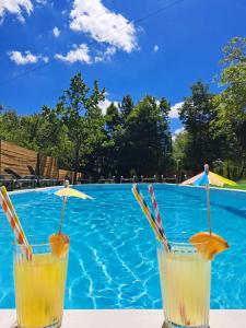 two cocktails sitting on a table next to a swimming pool at Apartments Villa Mavi Plitvice in Drežnik Grad