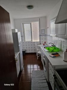 a kitchen with a sink and a washing machine at T1 Universidade Açores in Ponta Delgada