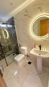 a bathroom with a sink and a toilet and a mirror at Tua Pyramids View in Cairo +106 photos