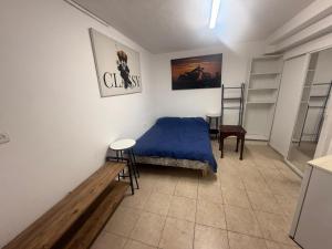 a bedroom with a bed and a table and shelves at ברזיליאנו - Braziliano in Eilat