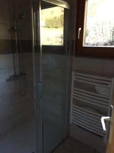 una ducha con puerta de cristal en un baño en Les Bruyeres wi fi, en La Bresse 25 fotos más