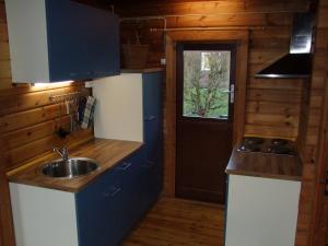 eine Küche mit blauen Schränken, einem Waschbecken und einer Tür in der Unterkunft dieSeeSucht - Lodge am Fjord in Westerholz