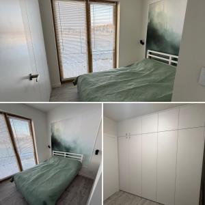 two pictures of a bedroom with a bed and a window at Wydmowa Ostoja in Żarnowska +22 photos
