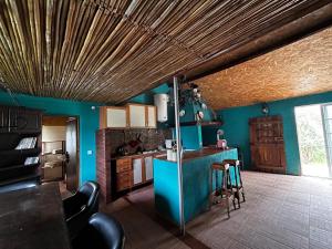 a kitchen with blue walls and a wooden ceiling at The Cottage Guest House in Vale Coelho